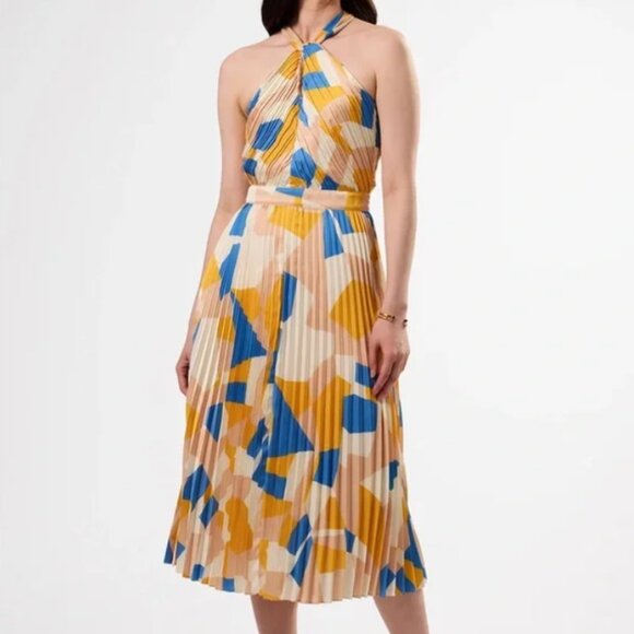 NWT Amour Vert Pleat Recycled Sateen Dress in Sonia Indigo Blue Multi - M - Picture 1 of 9